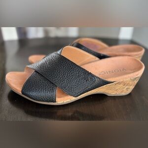 Vionic Black Leather Cork Wedge Slide Sandals
